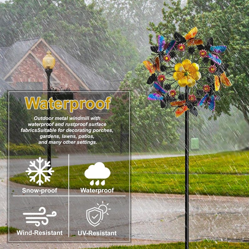 Senflame Double Blade Butterfly Wind Spinners, Outdoor Garden 360° Swivel Spinners 50 inch Garden Stakes Decor, Metal Flower Pinwheels for Yard and Lawn - Image 2